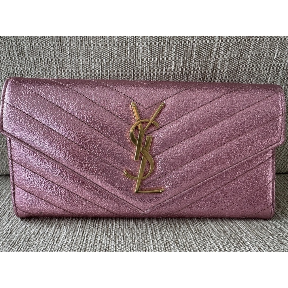 Authentic Shiny Matalic Pink YSL Yves Saint Laurent Wallet Genuine Leather - Picture 3 of 17